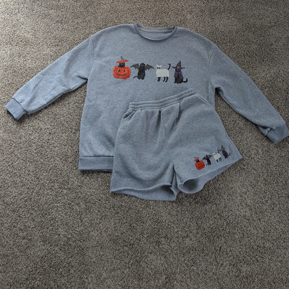 Shein Gray Halloween Cat Sweatshirt and Shorts Set